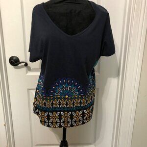 Desigual‎ Womens XL V-Neck Tunic Top Blue/Yellow Boho Print Cotton NWT